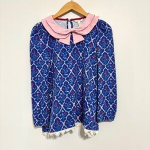 Matilda Jane Heart to Heart Blue Patterned Blouse with Pink Collar Size 16